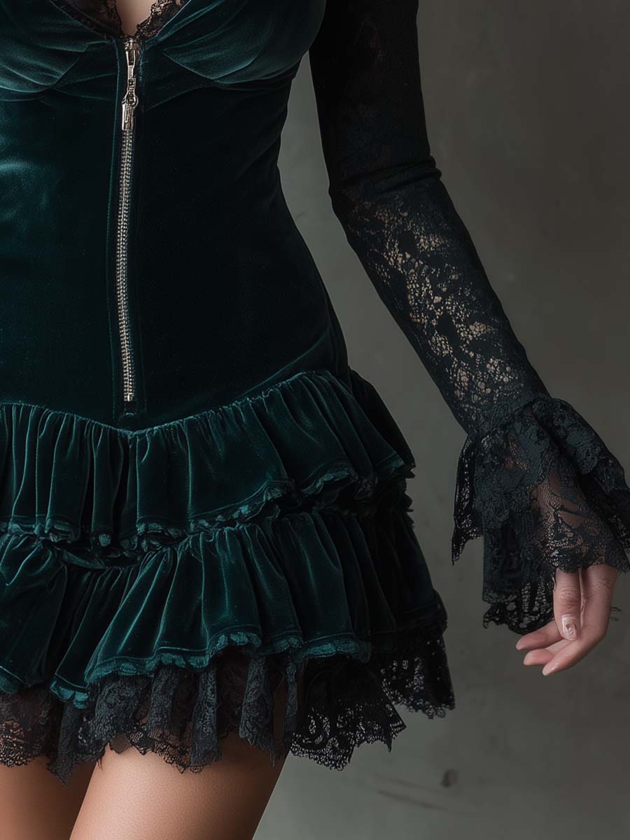 Agata Vestido Corto de Terciopelo Verde Oscuro con Mangas de Encaje