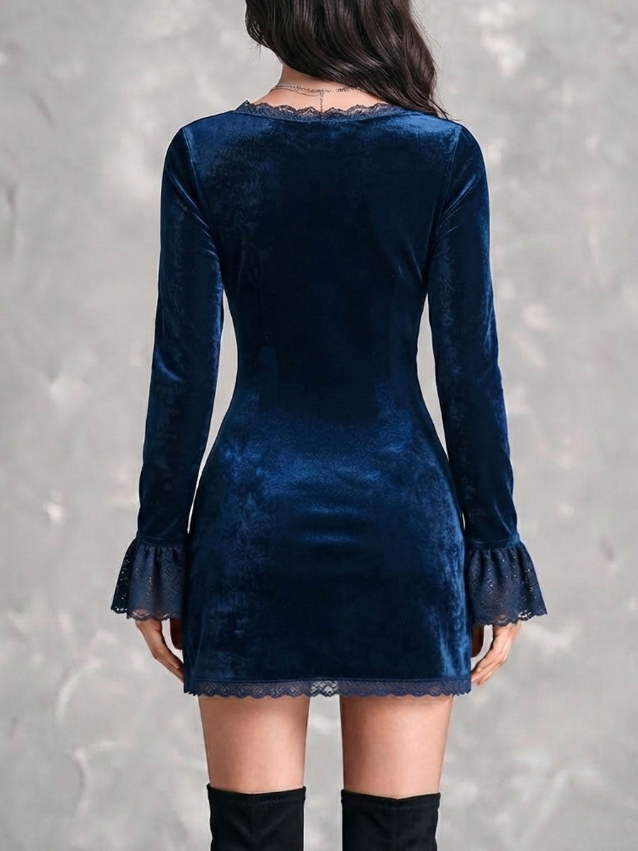 Adriana Vestido Mini de Terciopelo con Encaje y Cordones Estilo Vintage Romántico