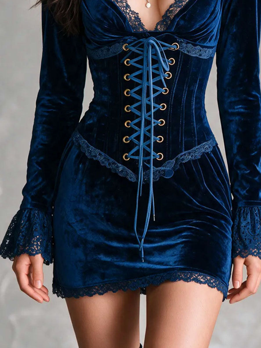 Adriana Vestido Mini de Terciopelo con Encaje y Cordones Estilo Vintage Romántico