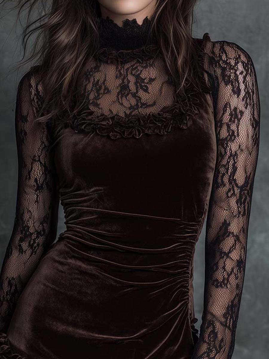 Gabriela Vestido Corto Gótico de Terciopelo Chocolate con Encaje Plisado