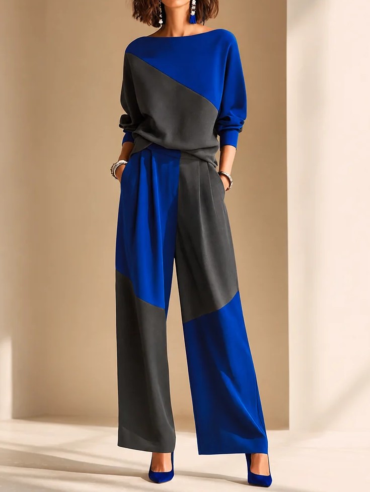 Zulema Conjunto de Top de Terciopelo Azul y Gris con Pantalón Ancho