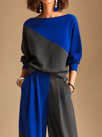 Zulema Conjunto de Top de Terciopelo Azul y Gris con Pantalón Ancho