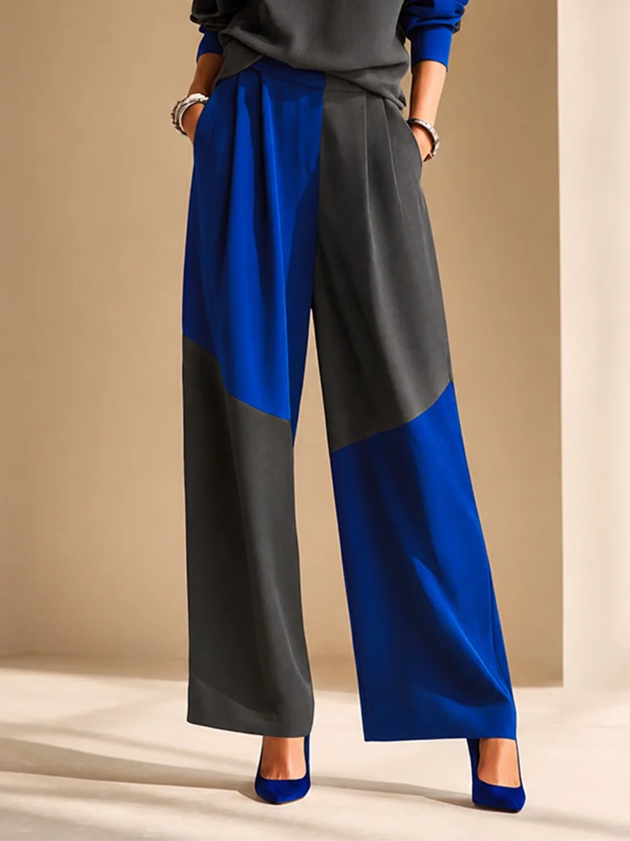 Zulema Conjunto de Top de Terciopelo Azul y Gris con Pantalón Ancho