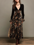 Nadia Vestido Largo Vintage de Terciopelo Negro con Panel Floral y Escote en V