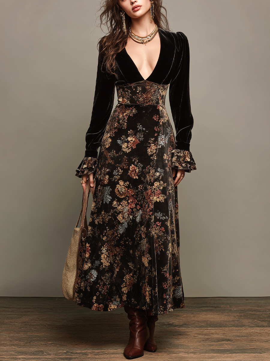 Nadia Vestido Largo Vintage de Terciopelo Negro con Panel Floral y Escote en V