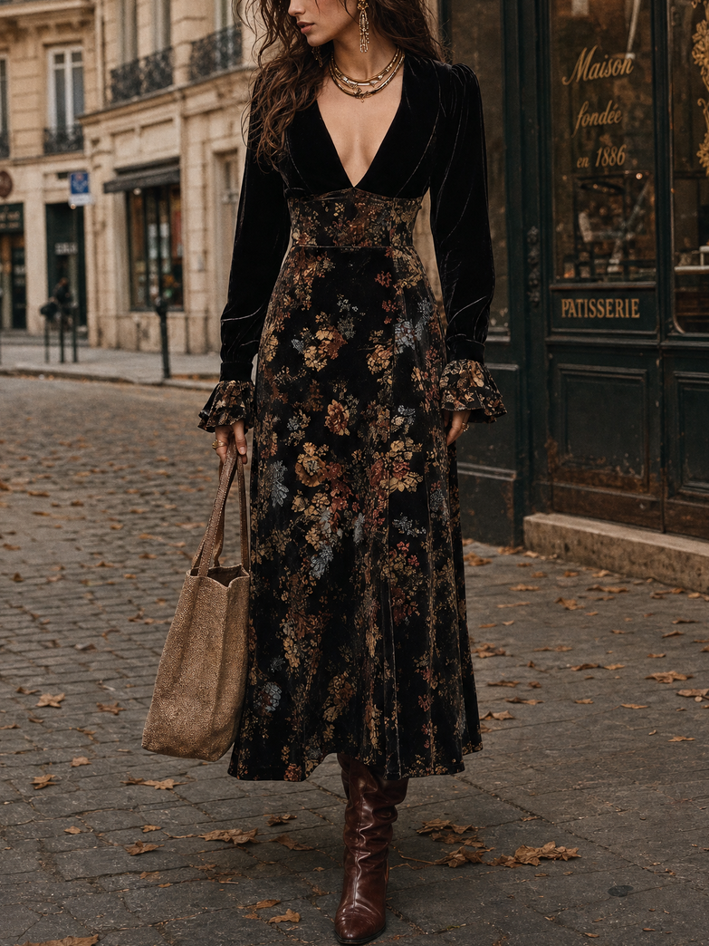 Nadia Vestido Largo Vintage de Terciopelo Negro con Panel Floral y Escote en V