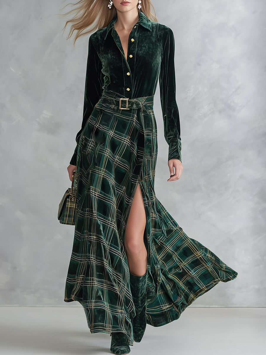 Vera Conjunto de Camisa de Terciopelo Verde y Falda Larga