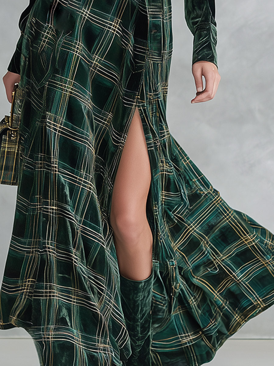 Vera Conjunto de Camisa de Terciopelo Verde y Falda Larga