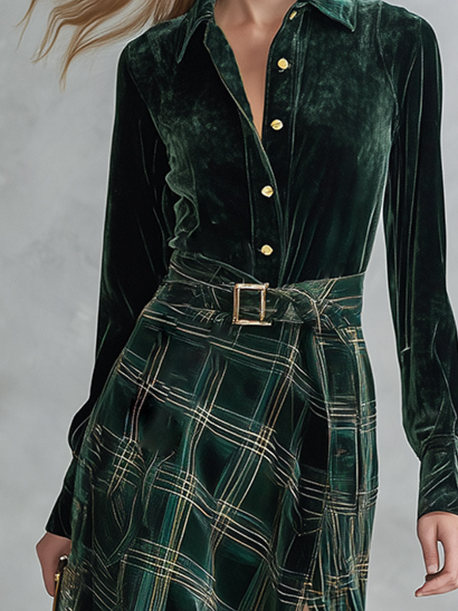 Vera Conjunto de Camisa de Terciopelo Verde y Falda Larga