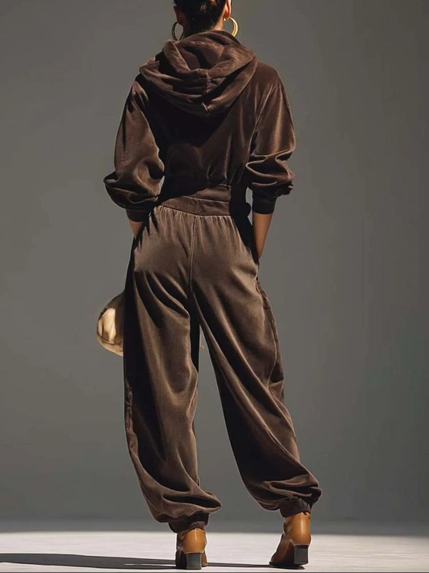 Vera Conjunto Vintage de Sudadera con Capucha de Terciopelo Marrón y Pantalón Holgado (Incluye Cinturón)