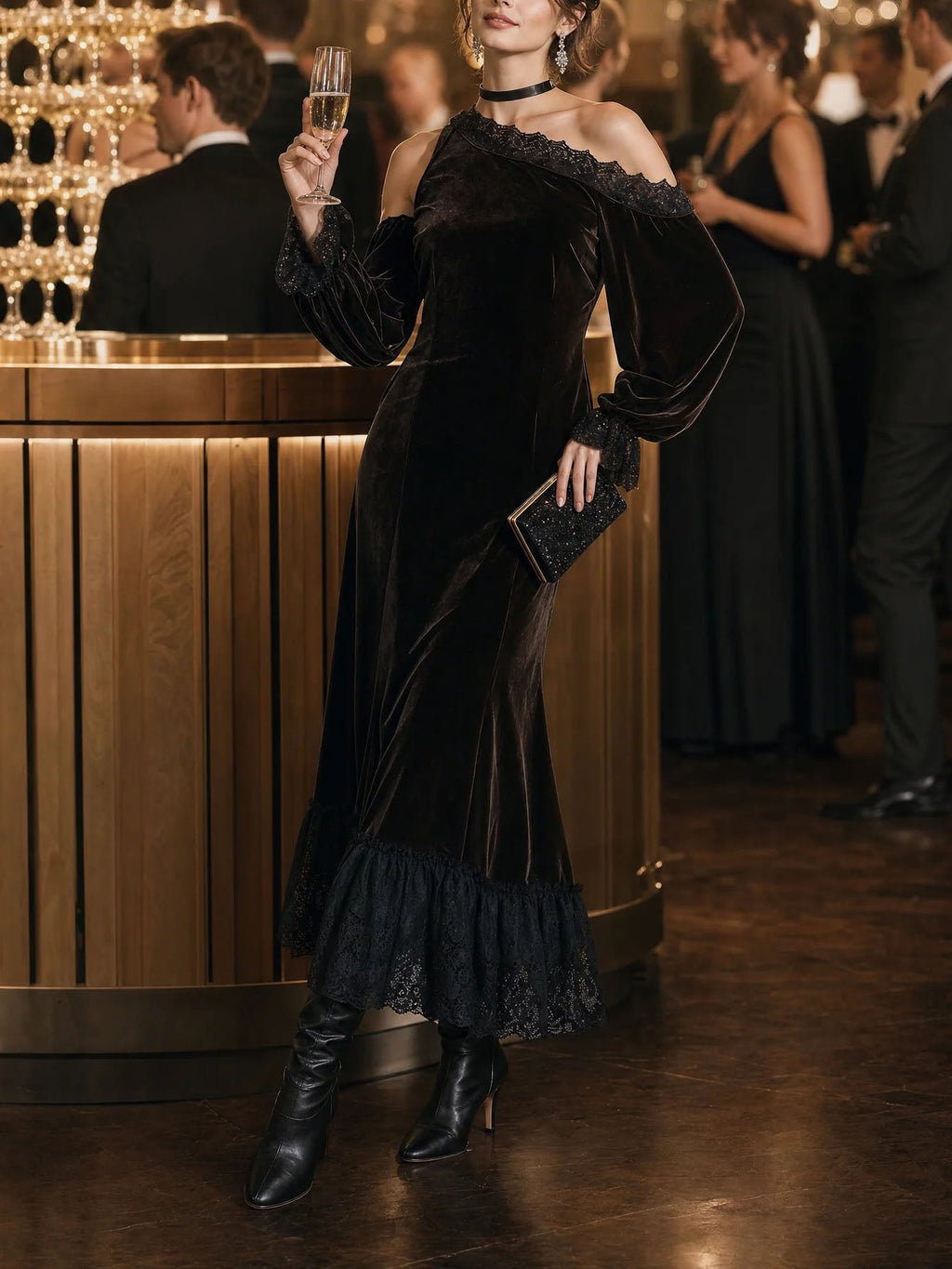 Renata Vestido Maxi de Noche de Terciopelo Marrón Oscuro con Hombros Descubiertos