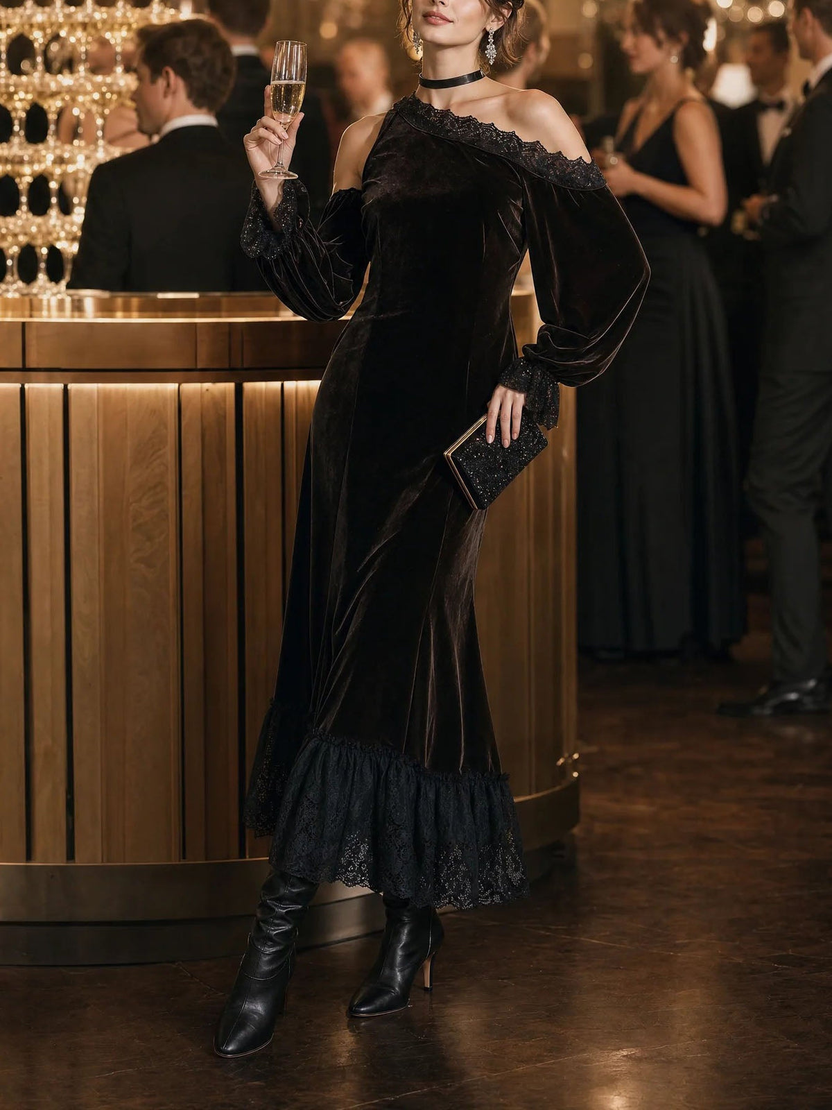 Renata Vestido Maxi de Noche de Terciopelo Marrón Oscuro con Hombros Descubiertos