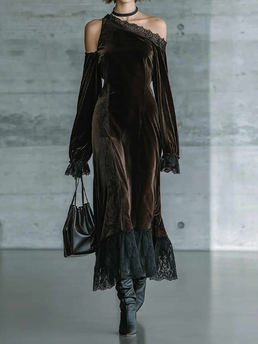 Renata Vestido Maxi de Noche de Terciopelo Marrón Oscuro con Hombros Descubiertos