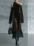 Renata Vestido Maxi de Noche de Terciopelo Marrón Oscuro con Hombros Descubiertos