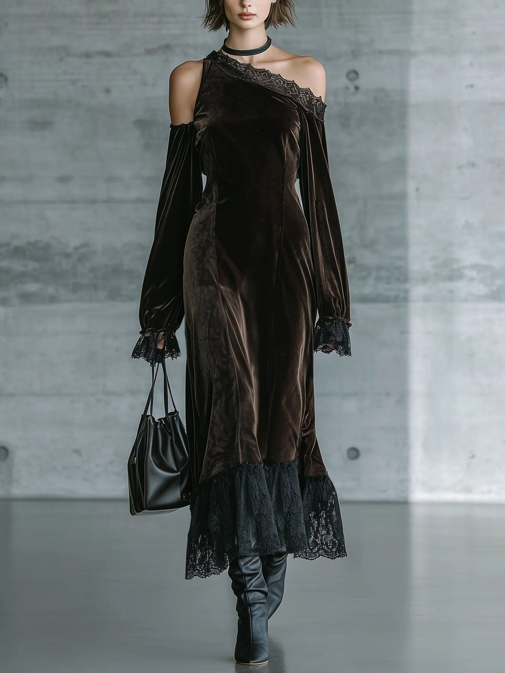 Renata Vestido Maxi de Noche de Terciopelo Marrón Oscuro con Hombros Descubiertos