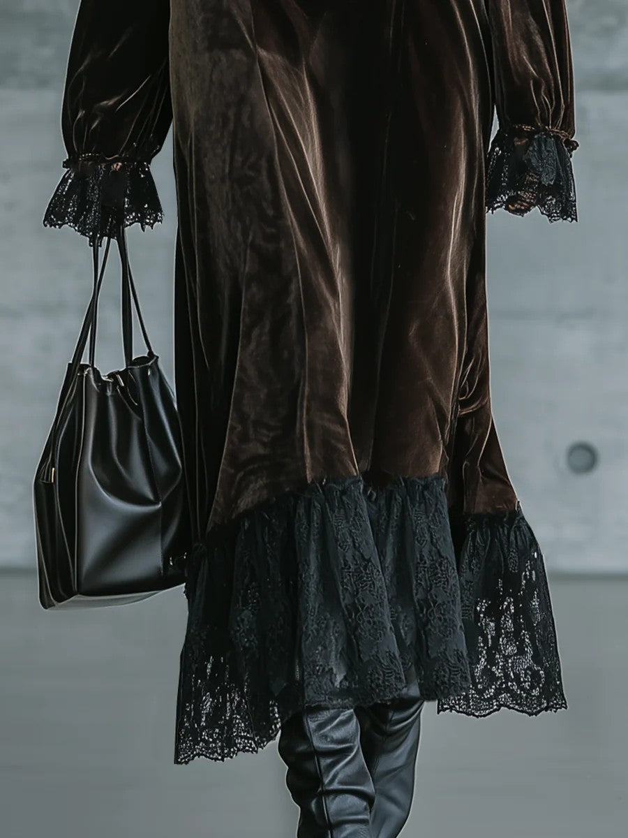 Renata Vestido Maxi de Noche de Terciopelo Marrón Oscuro con Hombros Descubiertos