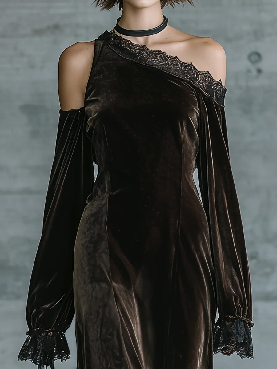 Renata Vestido Maxi de Noche de Terciopelo Marrón Oscuro con Hombros Descubiertos