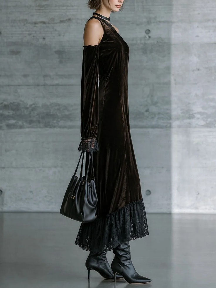 Renata Vestido Maxi de Noche de Terciopelo Marrón Oscuro con Hombros Descubiertos