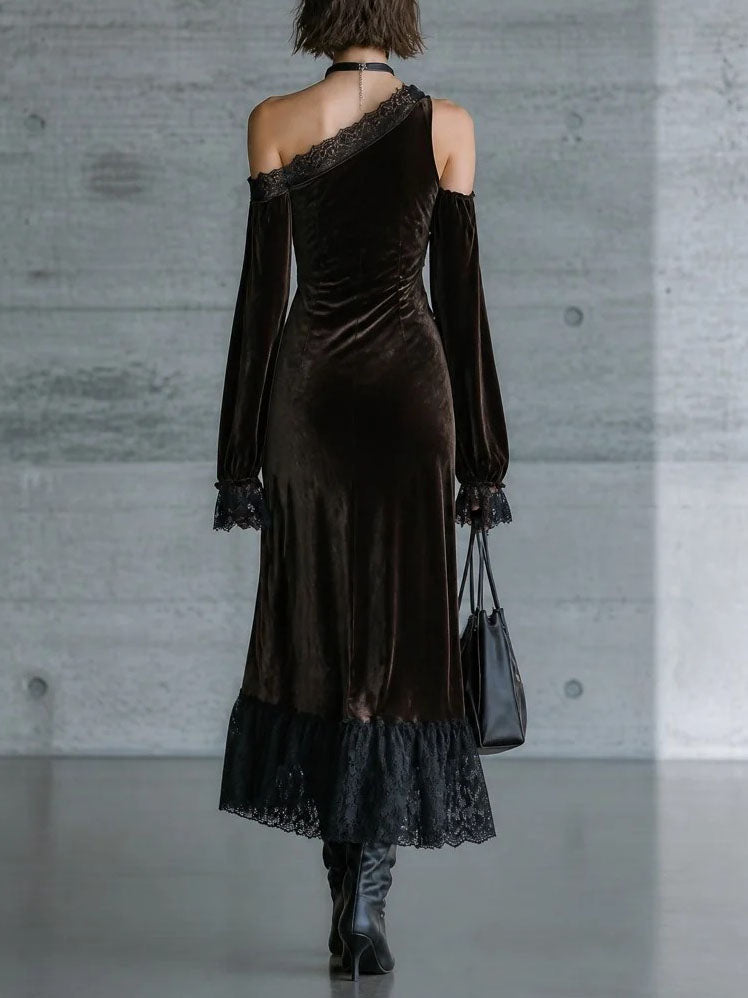 Renata Vestido Maxi de Noche de Terciopelo Marrón Oscuro con Hombros Descubiertos