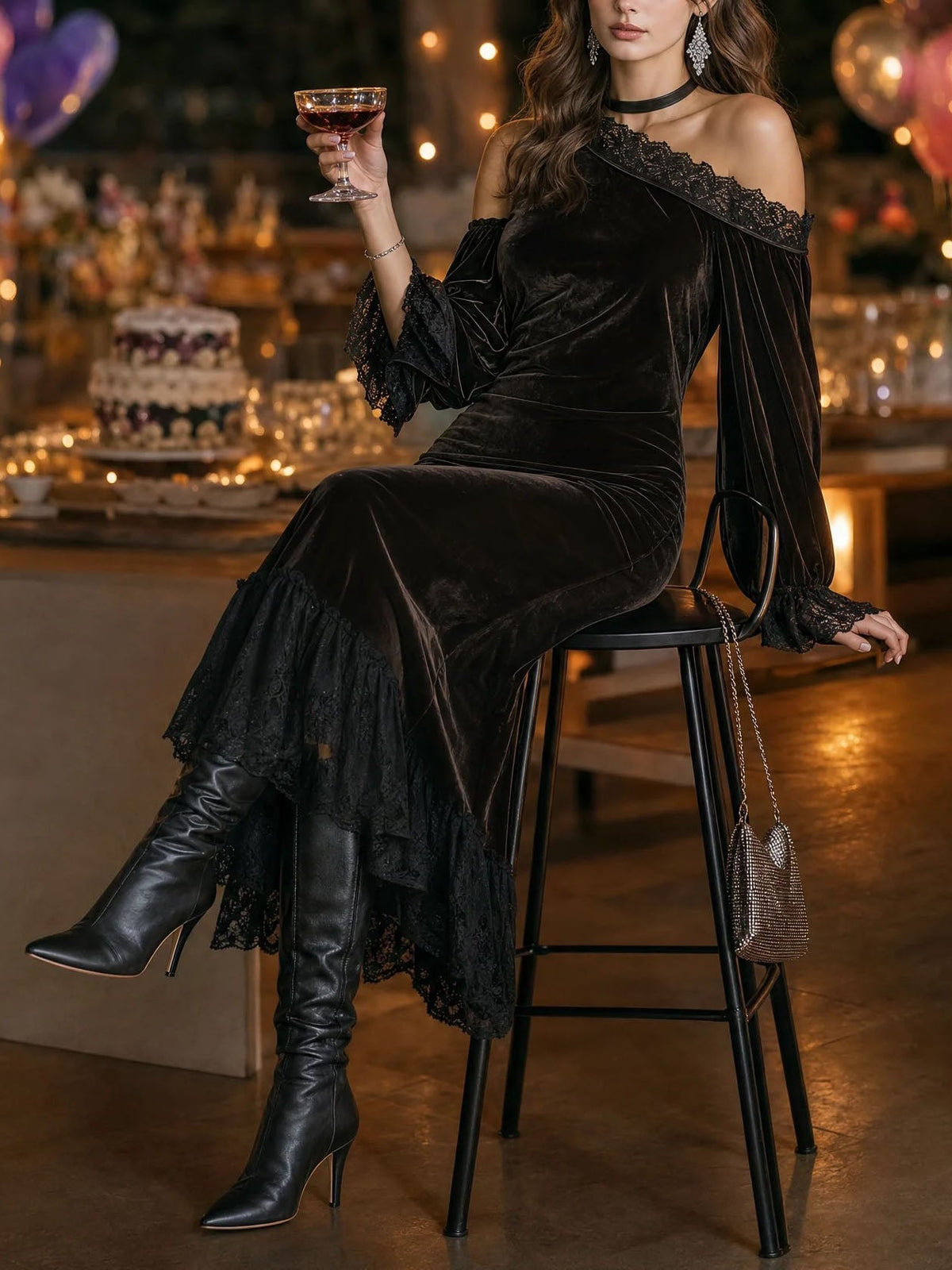 Renata Vestido Maxi de Noche de Terciopelo Marrón Oscuro con Hombros Descubiertos