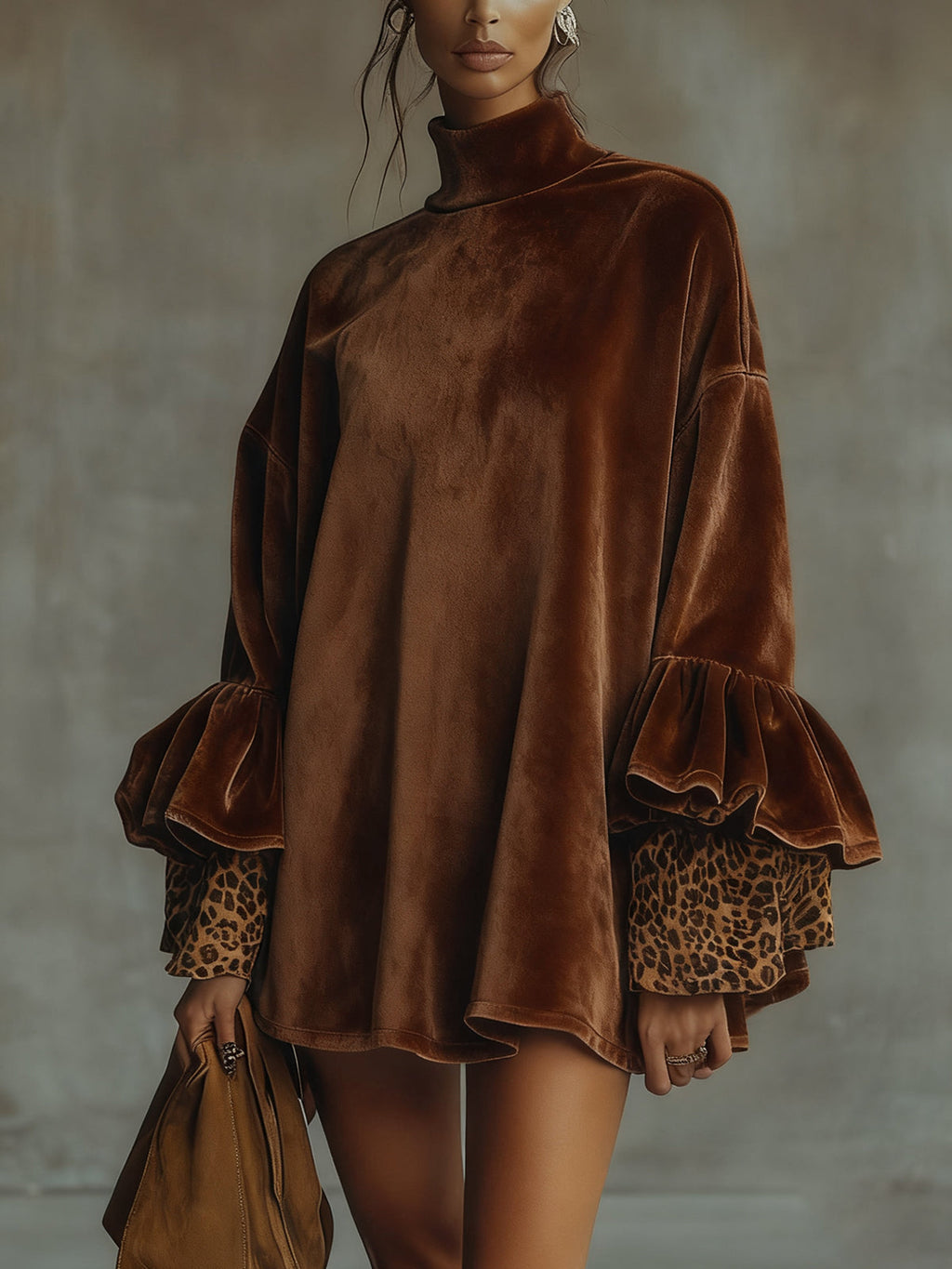 Valeria Vestido Corto de Terciopelo con Puños de Leopardo y Mangas con Volantes