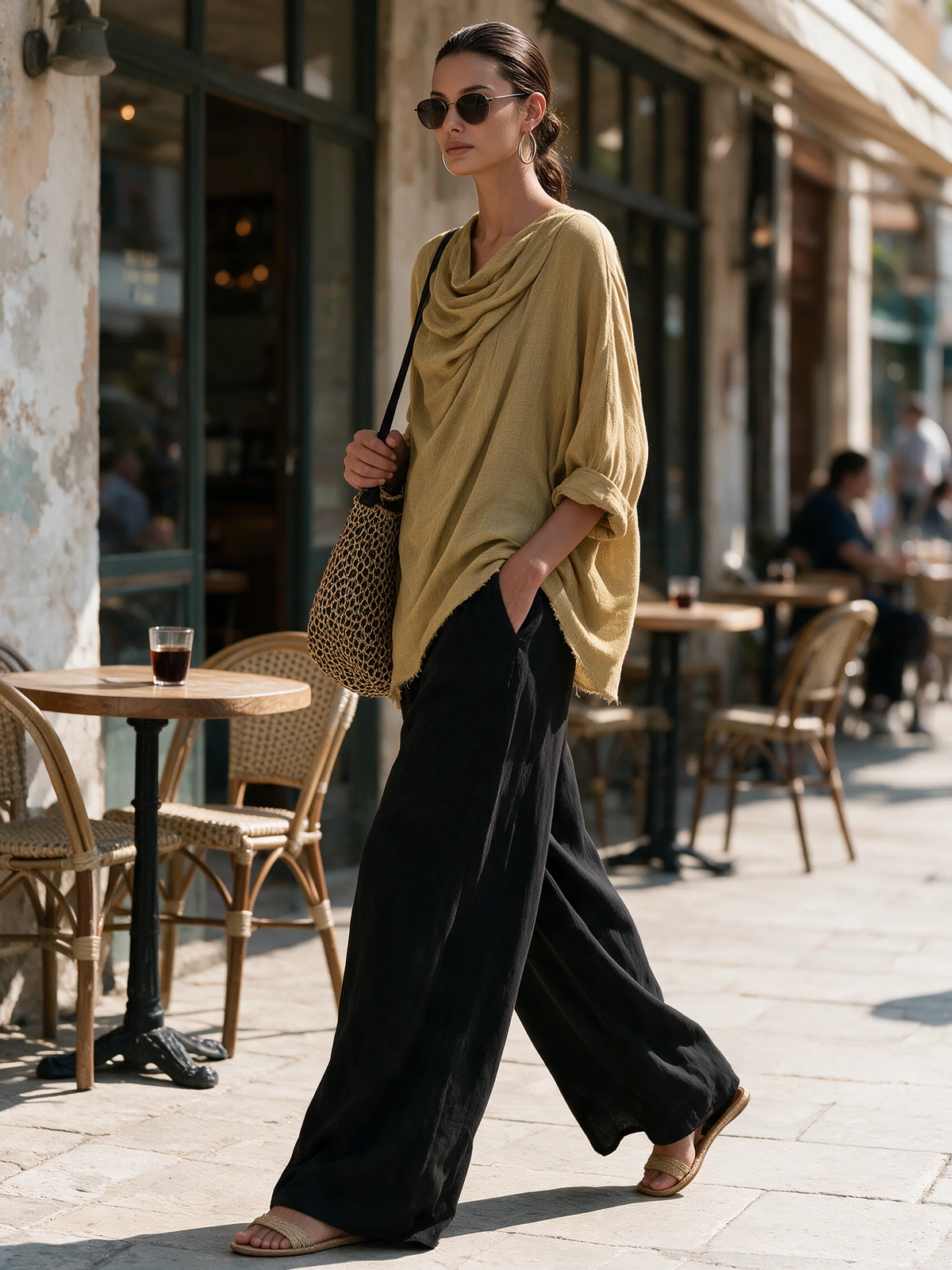 Irene Conjunto de Dos Piezas Bohemio con Top Drapeado Asimétrico y Pantalón de Pierna Ancha