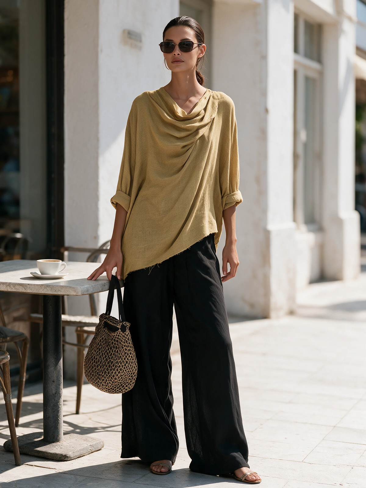 Irene Conjunto de Dos Piezas Bohemio con Top Drapeado Asimétrico y Pantalón de Pierna Ancha