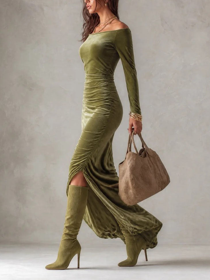 Olivia Vestido Maxi de Noche de Terciopelo Verde Oliva con Hombros Descubiertos y Manga Larga
