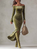 Olivia Vestido Maxi de Noche de Terciopelo Verde Oliva con Hombros Descubiertos y Manga Larga