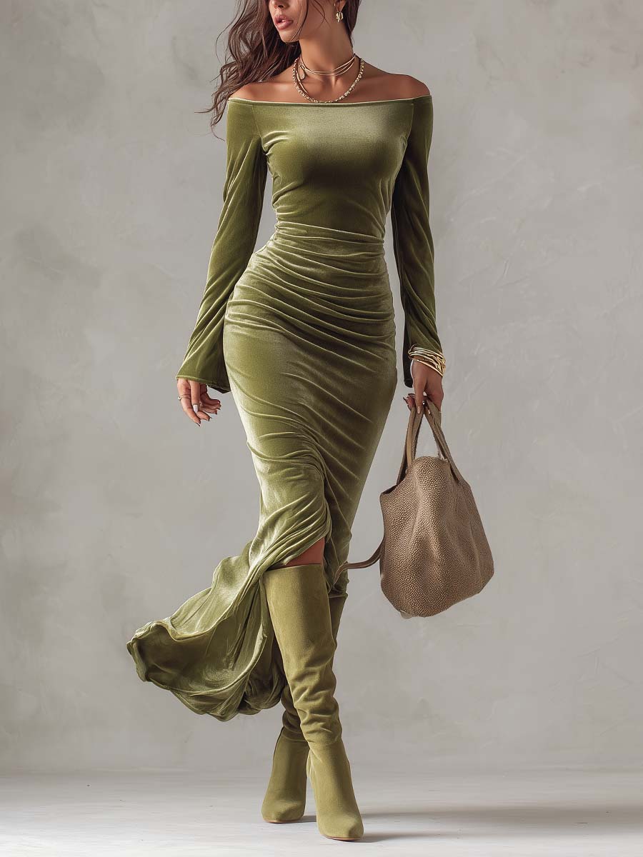 Olivia Vestido Maxi de Noche de Terciopelo Verde Oliva con Hombros Descubiertos y Manga Larga