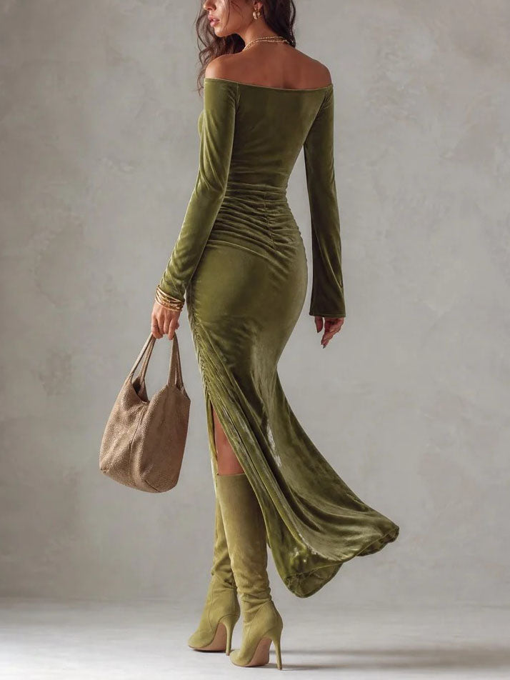Olivia Vestido Maxi de Noche de Terciopelo Verde Oliva con Hombros Descubiertos y Manga Larga
