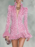 Cloe Vestido Mini de Terciopelo Rosa con Estampado Leopardo