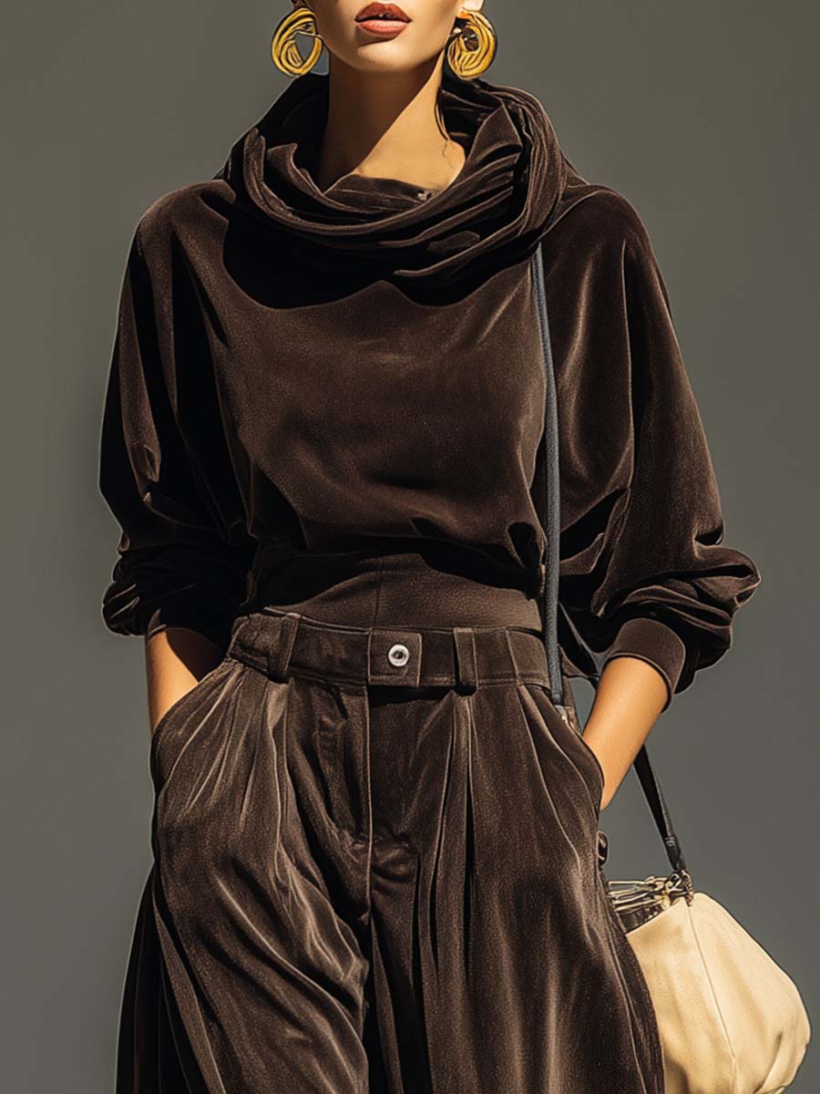 Vera Conjunto Vintage de Sudadera con Capucha de Terciopelo Marrón y Pantalón Holgado (Incluye Cinturón)