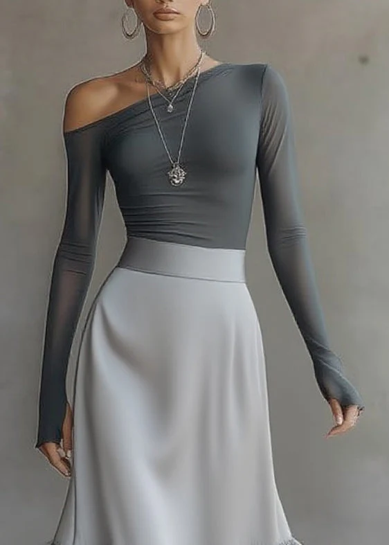 Susana Conjunto de Top Gris de un Hombro y Manga Larga y Vestido Midi con Bajo de Volantes