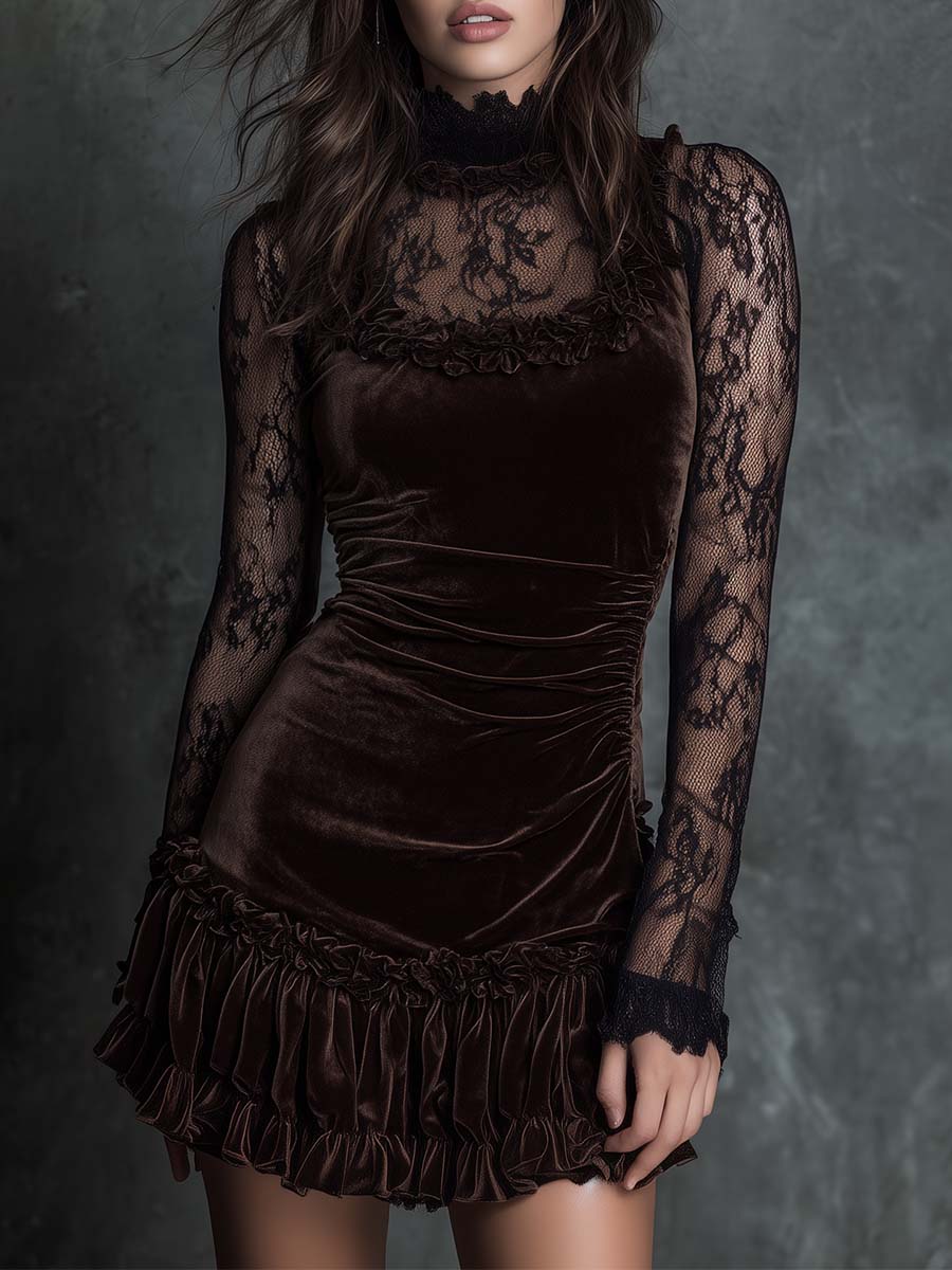 Gabriela Vestido Corto Gótico de Terciopelo Chocolate con Encaje Plisado