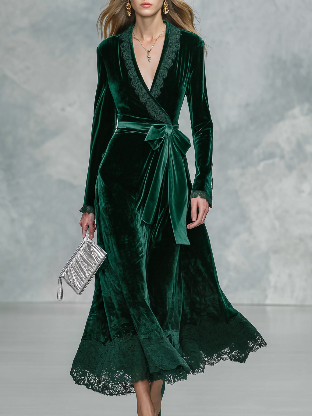 Sofía Vestido Maxi Cruzado de Terciopelo con Encaje