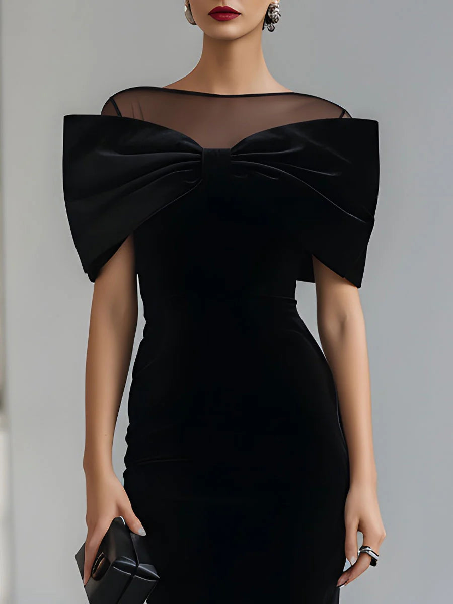 Cintia Vestido Midi Dramático de Terciopelo Negro con Lazo