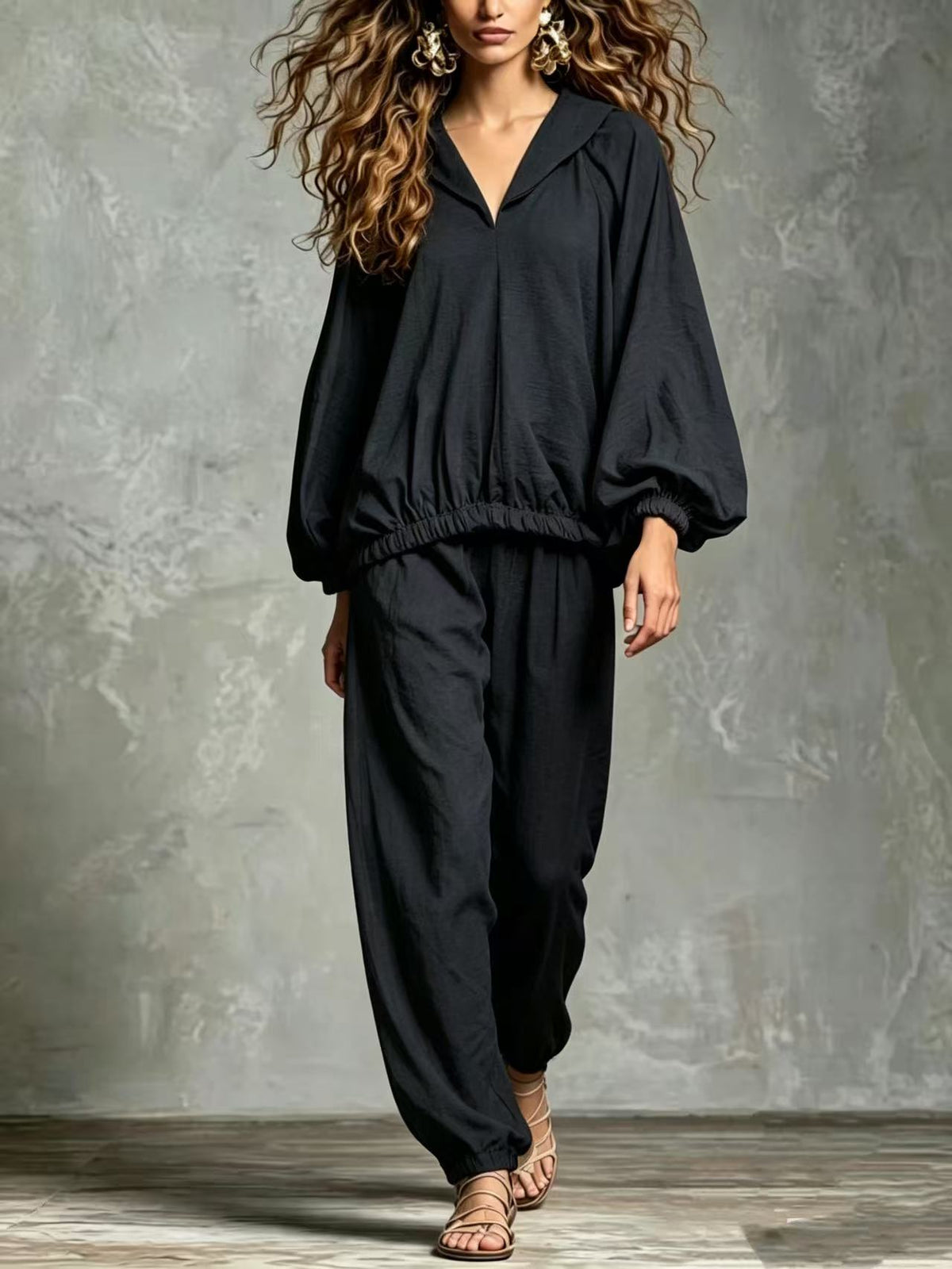 Paula Conjunto Informal y Chic de Top Holgado con Escote en V y Manga Abombada y Pantalón