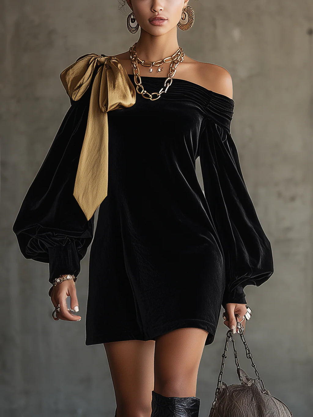 Yolanda Vestido Mini de Terciopelo Negro con Lazo Dorado