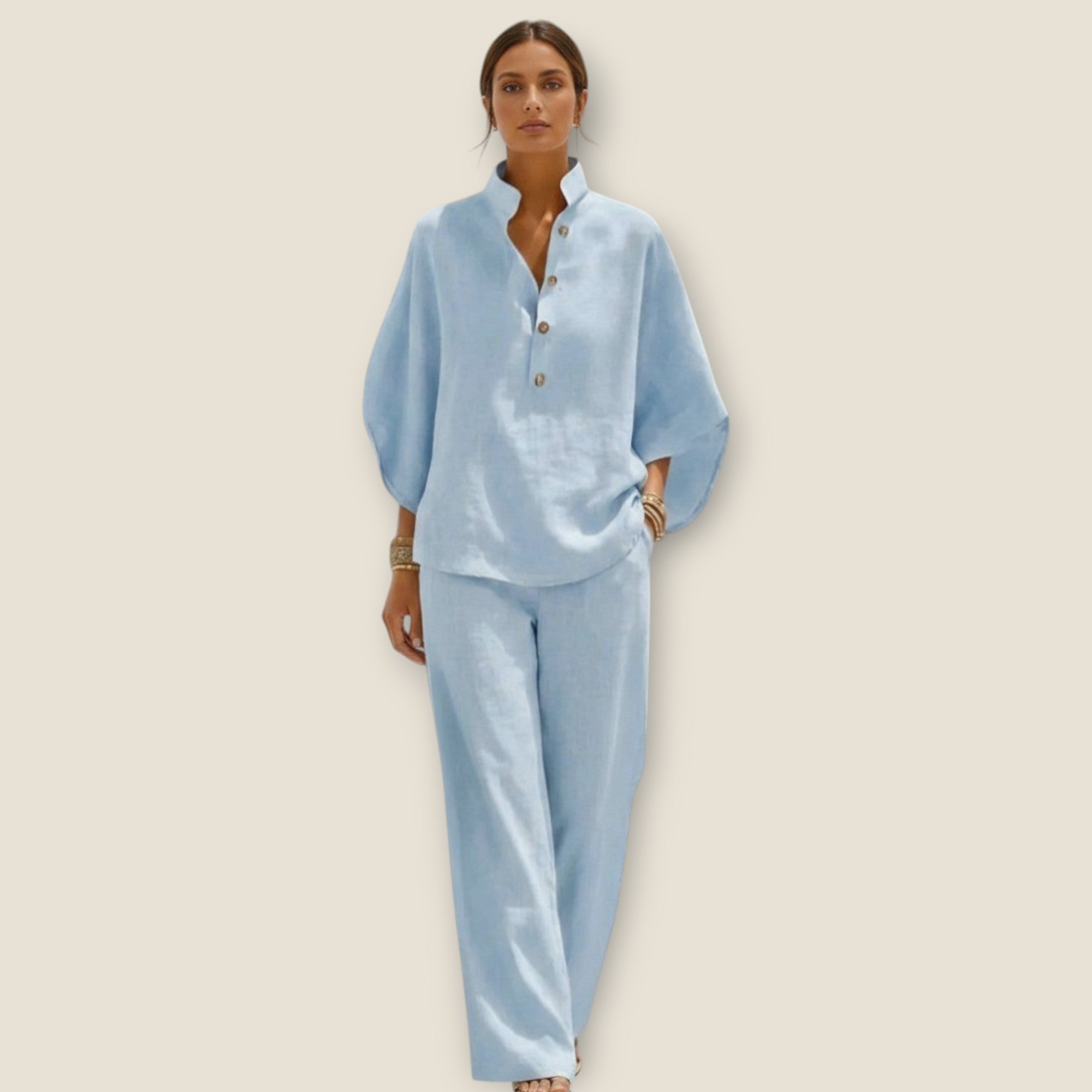 Aria | Conjunto de Algodón Lino con Mangas y Pantalón Ancho