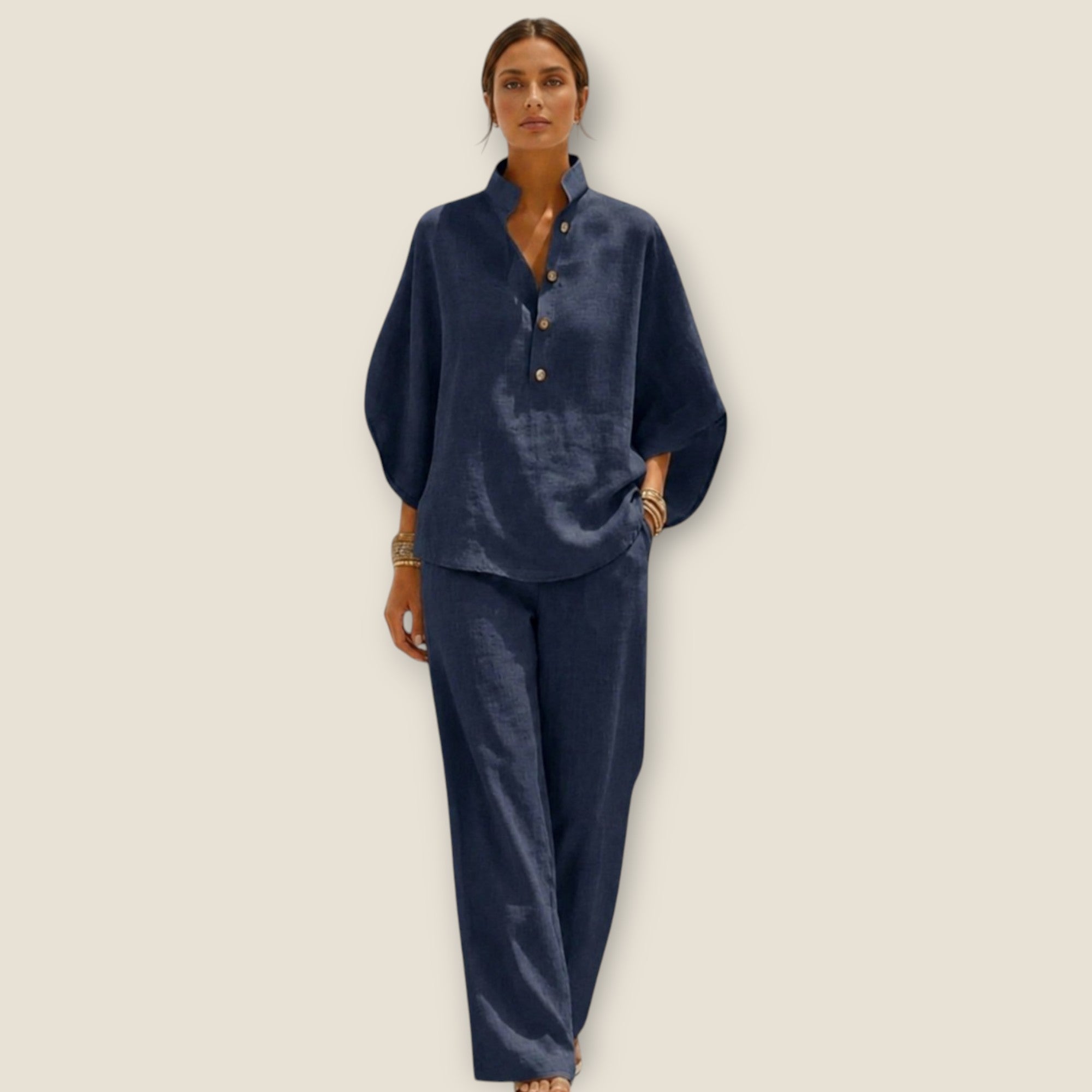 Aria | Conjunto de Algodón Lino con Mangas y Pantalón Ancho