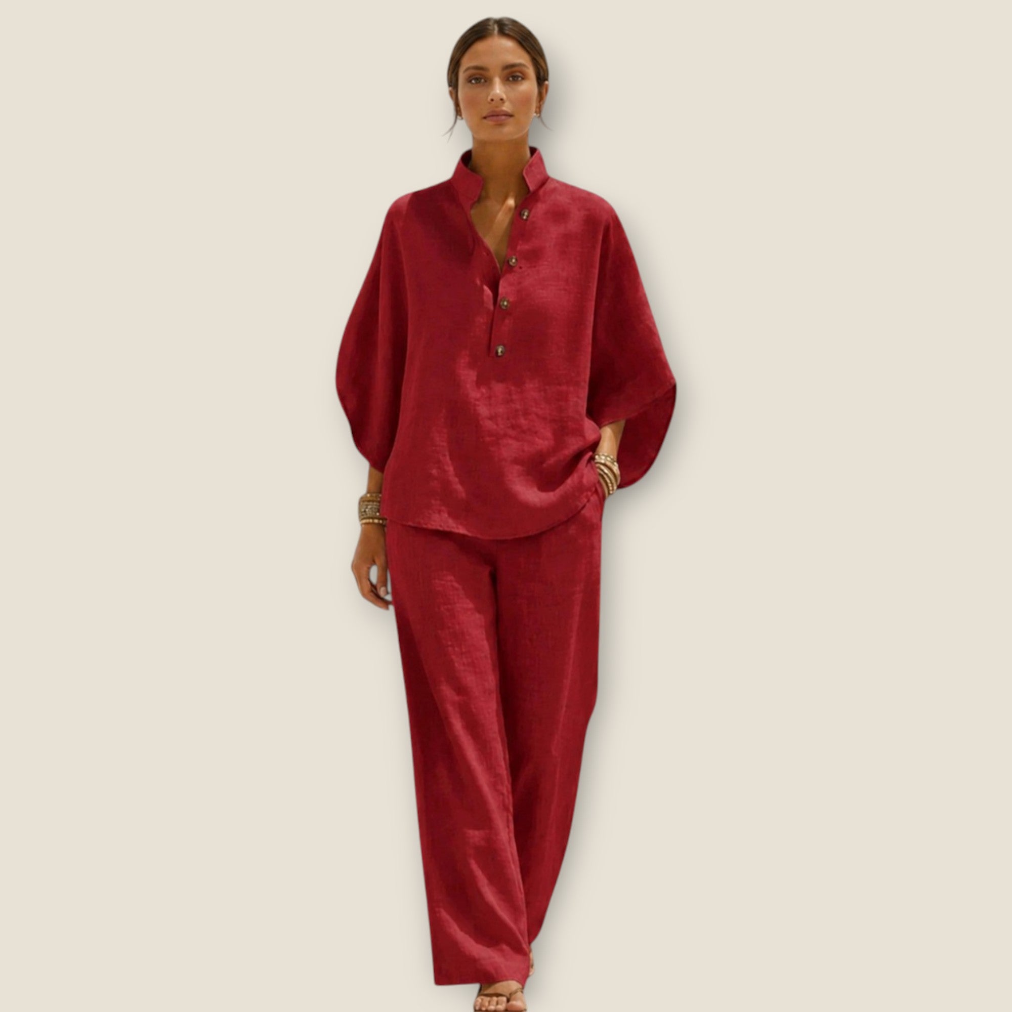 Aria | Conjunto de Algodón Lino con Mangas y Pantalón Ancho