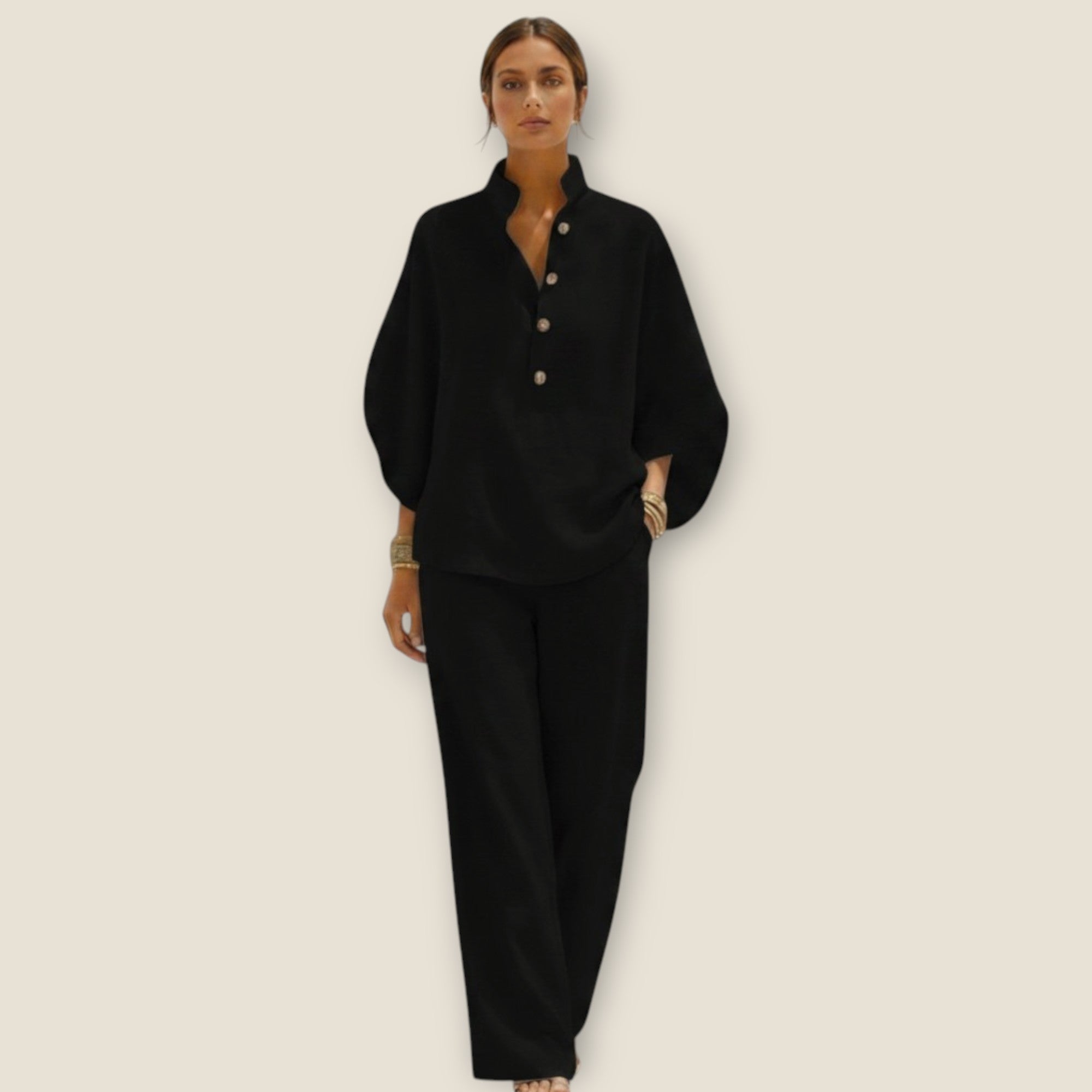 Aria | Conjunto de Algodón Lino con Mangas y Pantalón Ancho