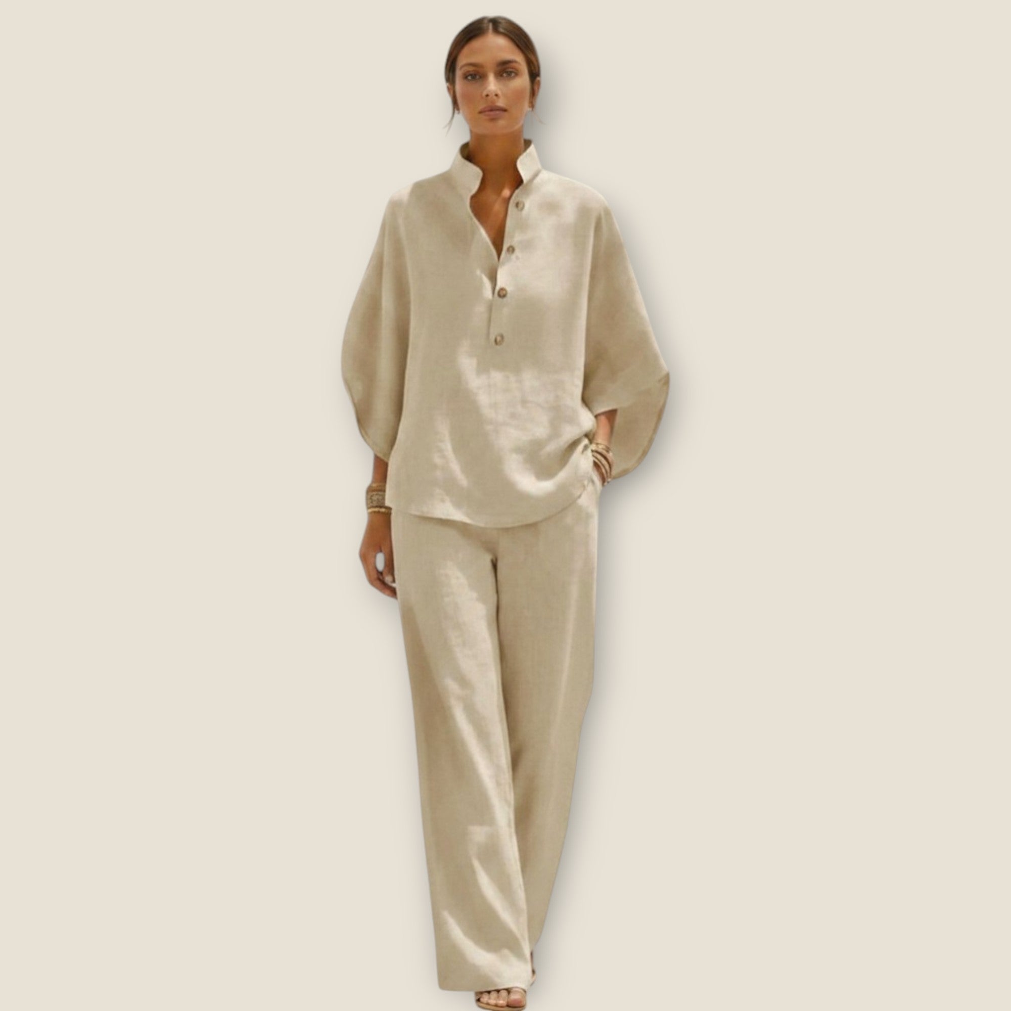 Aria | Conjunto de Algodón Lino con Mangas y Pantalón Ancho