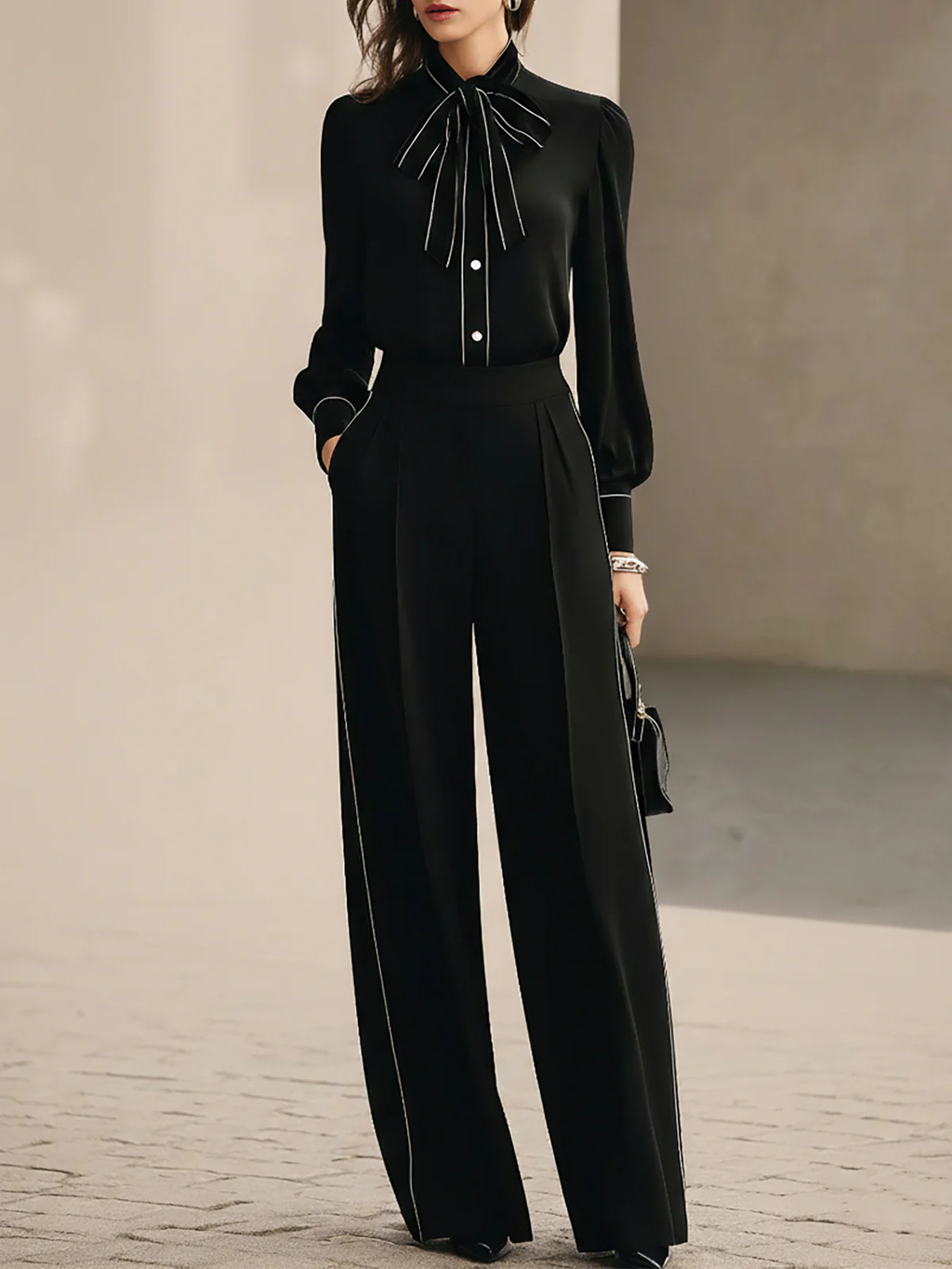 Ana Conjunto de Dos Piezas: Blusa Negra con Lazo y Ribete Blanco y Pantalón Ancho