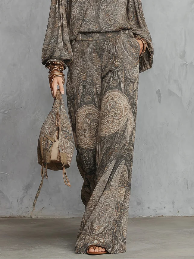 Mireya Traje de Top de Mangas Farol Estampado de Cachemira Gris y Pantalón Ancho