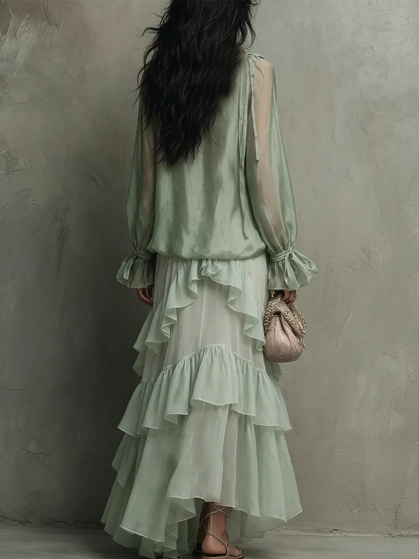 Agata Conjunto de Top de Gasa con Volantes Verde Menta y Falda de Capas