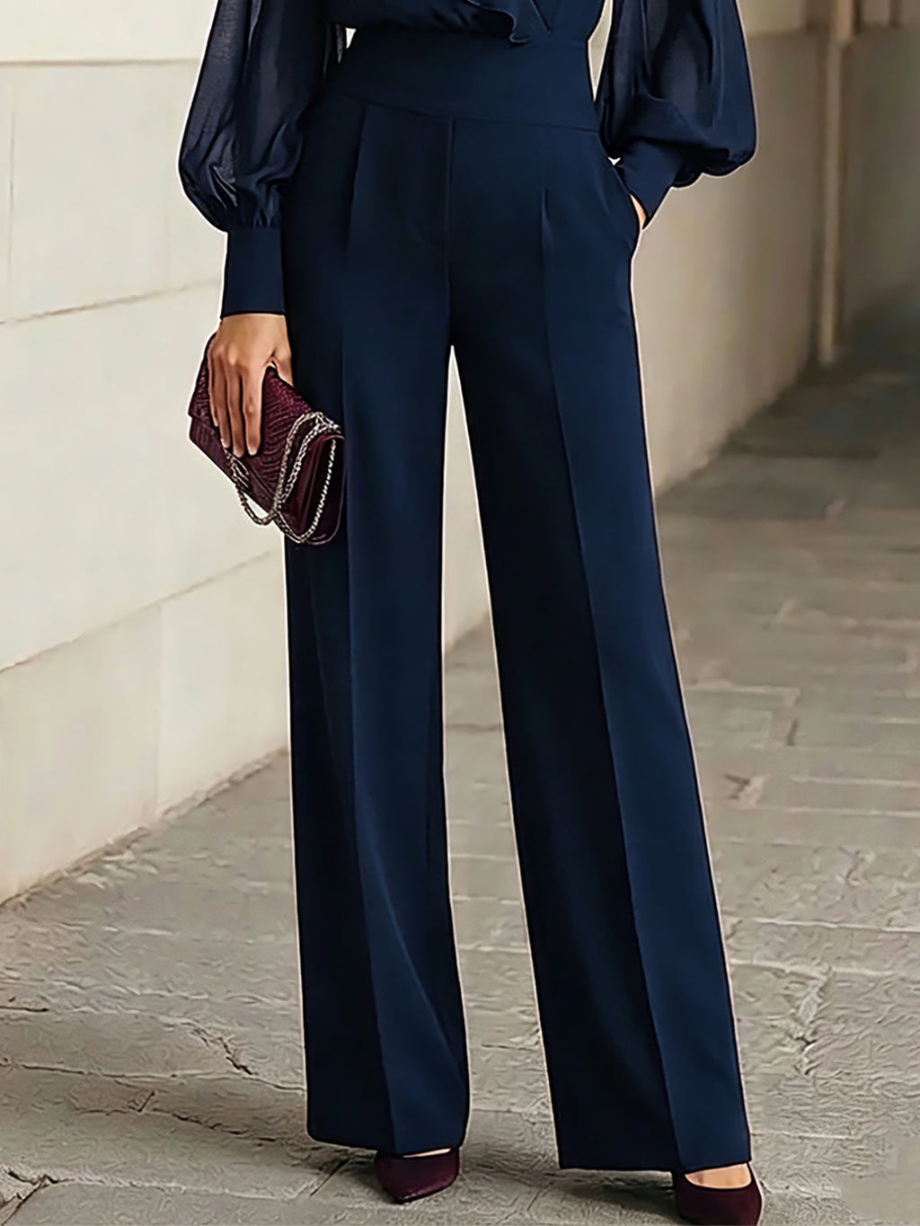 Ángela Conjunto de Dos Piezas Top de Gasa con Volantes Azul Marino y Pantalón Ancho
