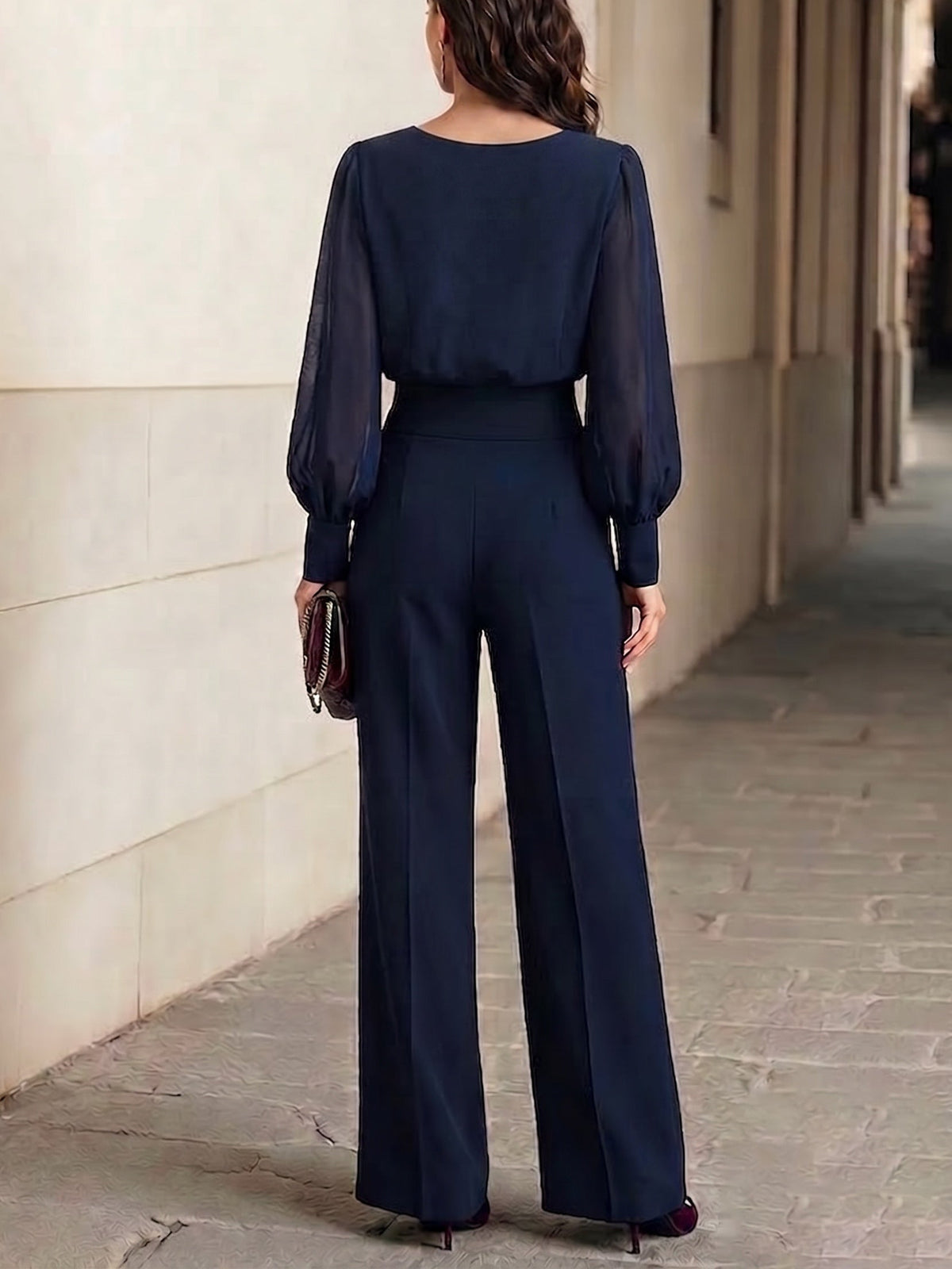 Ángela Conjunto de Dos Piezas Top de Gasa con Volantes Azul Marino y Pantalón Ancho
