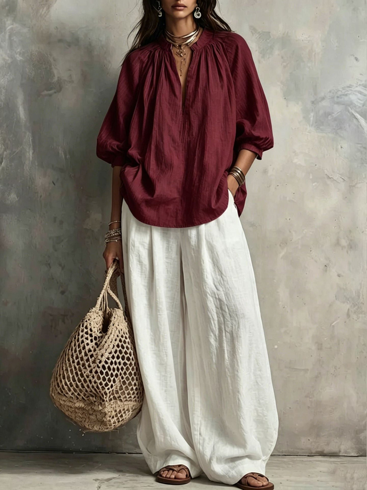 Sara Conjunto Vintage de Top de Manga Abullonada de Color Liso y Pantalón Ancho